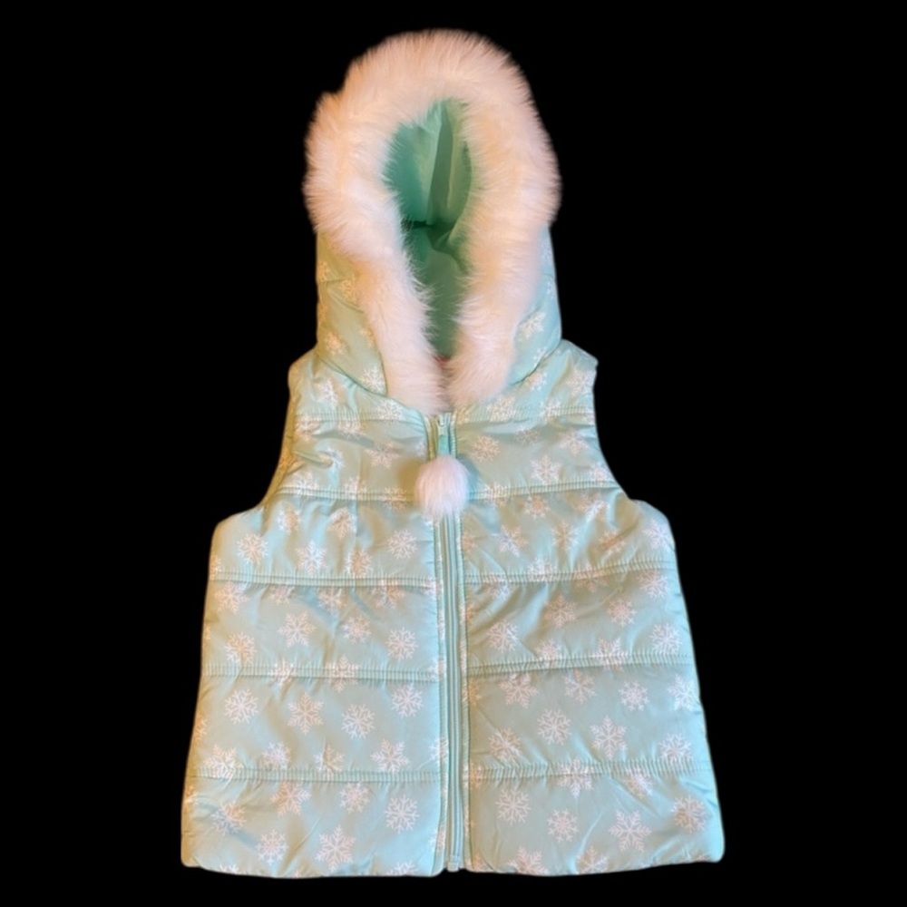 Isaac Mizrahi Mint Green Snowflake Puffer Vest with Faux Fur Trim